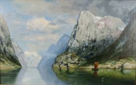 Karl Kaufmann (1843 - 1902/05) zugeschrieben. Norwegischer Fjord. 67 cm x 104 cm. Gemälde. Öl auf