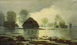 UNDEUTLICH SIGNIERT (XIX / XX). Niederländisches Dorf im Hochwasser. 122 cm x 72,5 cm. Gemälde. Öl
