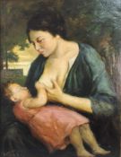 Hans KOHL (1897 - 1990). Maria lactans. Die Stillende. 90 cm x 70 cm. Gemälde. Öl auf Tafel. Links