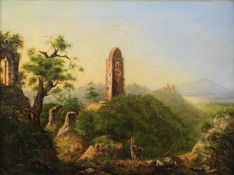 UNSIGNIERT (XVIII - XIX). Landschaft mit Ruinen und Rehbock. 17 cm x 23 cm. Gemälde. Öl auf