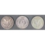 3 Stück ONE DOLLAR. U.S.A.. "Morgan Dollar" 1889,1898, 1921. Silber. Gesamtgewicht 79,4 Gramm. 3