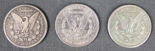 3 Stück ONE DOLLAR. U.S.A.. "Morgan Dollar" 1889,1898, 1921. Silber. Gesamtgewicht 79,4 Gramm. 3