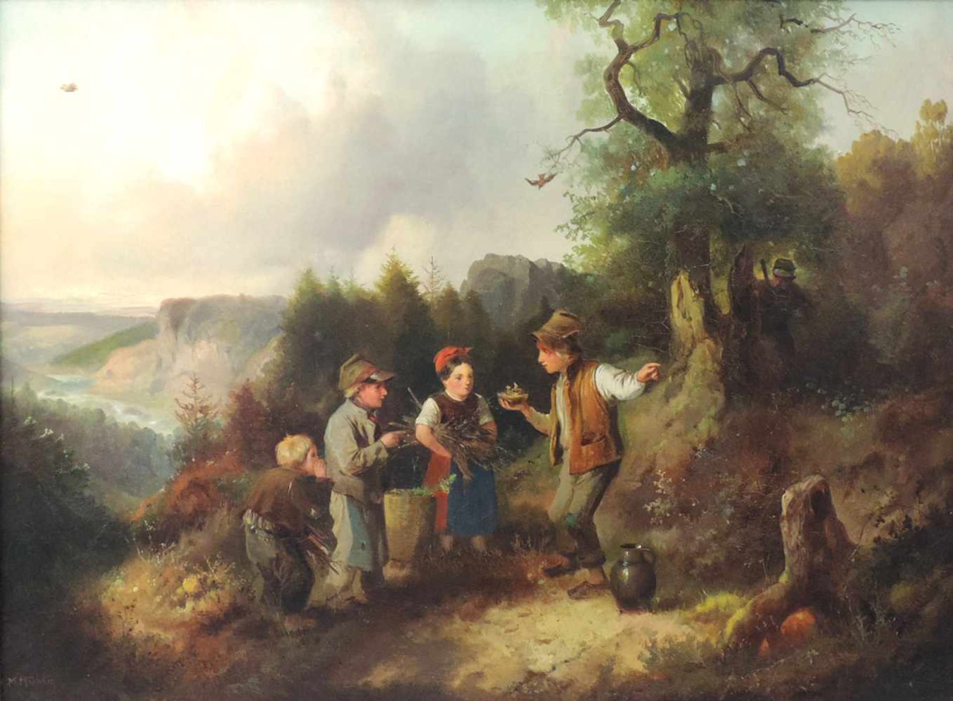 Meno MÜHLIG (1823 - 1873). Der Nesträuber. 44 cm x 58 cm. Gemälde. Öl auf Leinwand. Unten links