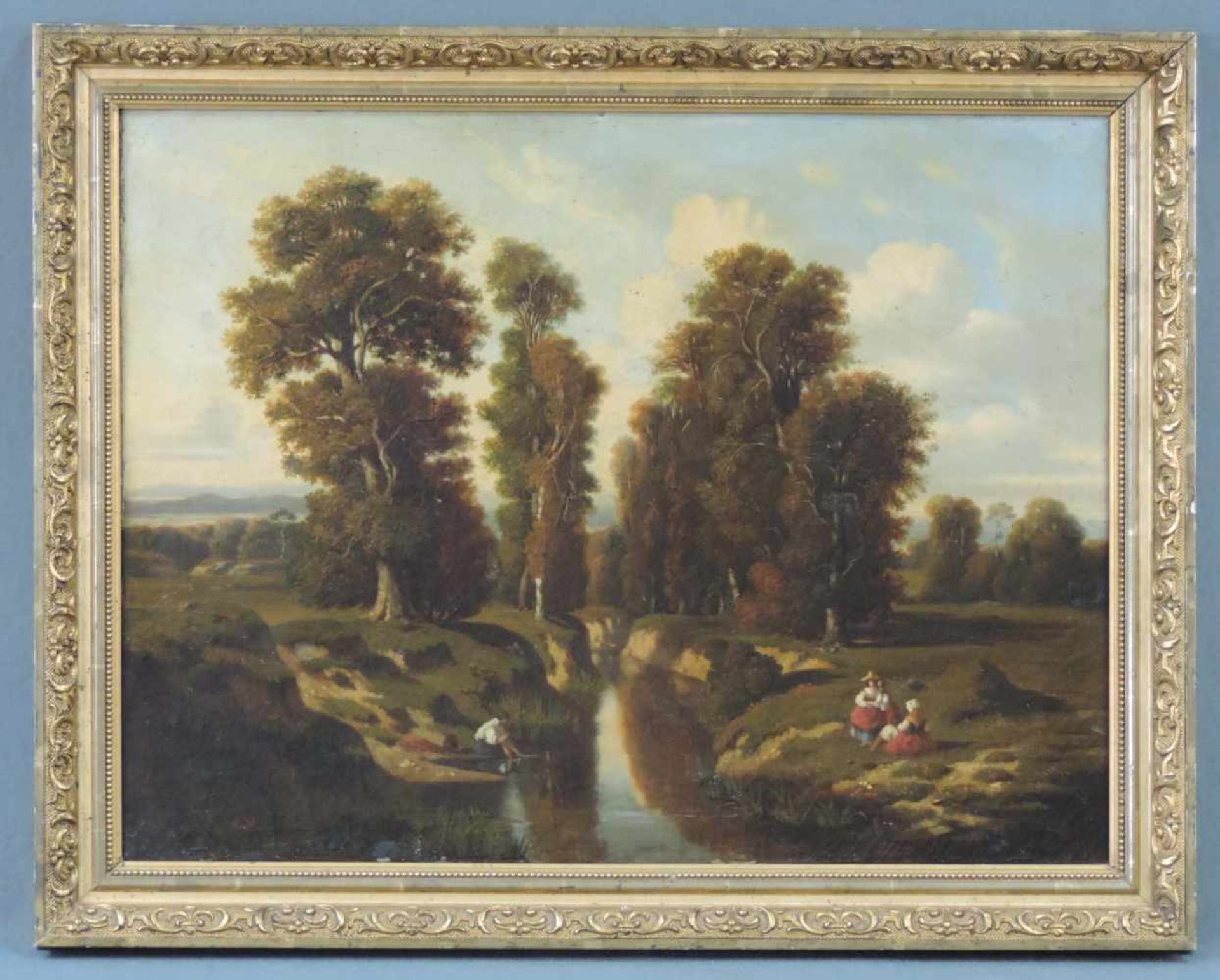 Monogrammist "C.V." (XIX - XX). Rast am Fluß. 43 cm x 55 cm. Gemälde, Öl auf Leinwand. Links unten - Bild 2 aus 5