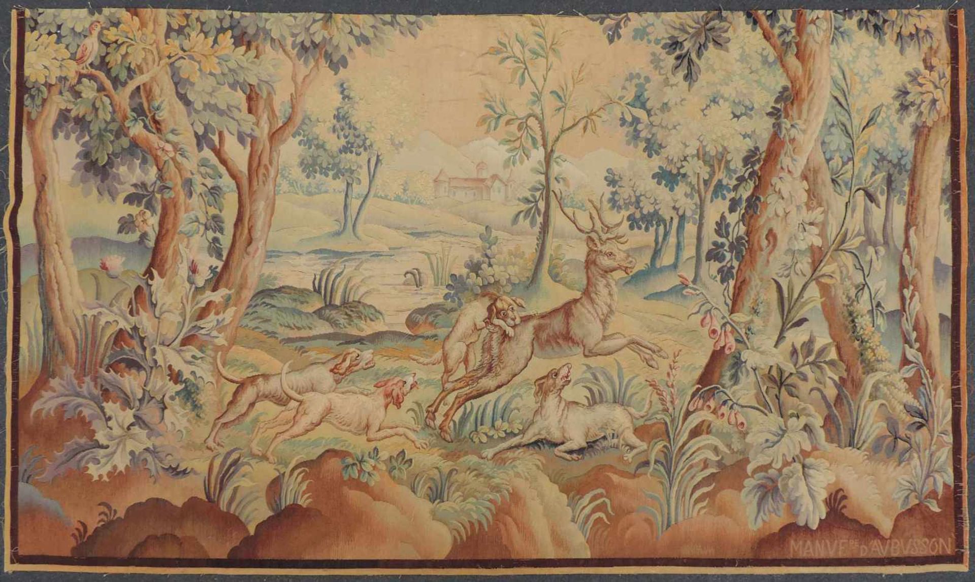 Aubusson Teppiserie Wandteppich signiert. Hetzjagd. Um 1900. 133 cm x 231 cm. Handgewebt. Wolle