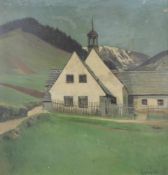 Herbert KURON (1888 - 1951). Bauernhof mit Kapelle im Gebirge. 71 cm x 68 cm. Gemälde. Öl auf