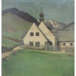 Herbert KURON (1888 - 1951). Bauernhof mit Kapelle im Gebirge. 71 cm x 68 cm. Gemälde. Öl auf