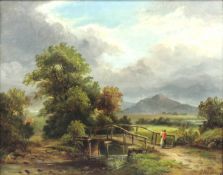 Richard H. HILDER (1813 - 1852). Mutterglück an der Brücke. 34 cm x 43,5 cm. Gemälde. Öl auf