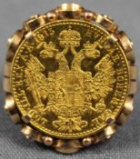 1 Dukaten Gold, Österreich, als Ring gefasst in 585 Gelbgold. 9,1 Gramm Gesamtgewicht. 1 ducat,