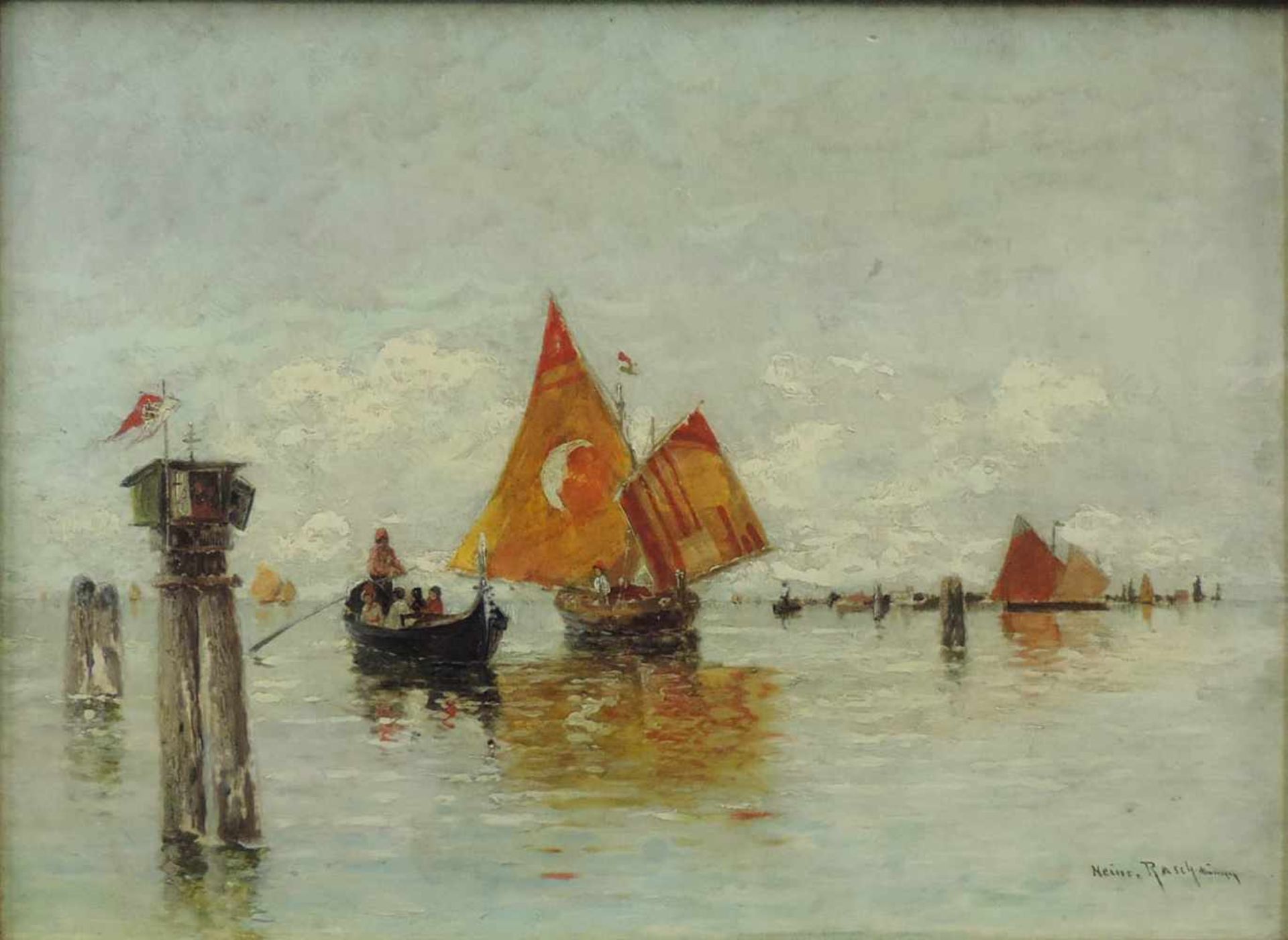 Heinrich RASCH (1840 - 1913). Schiffe in der Lagune von Venedig. 32 cm x 42 cm. Gemälde. Öl auf