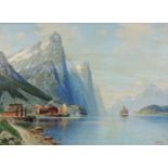 Carl BERTOLD (1870-?). Fjord mit Dorf und Segelschiffen. 56 cm x 76 cm. Gemälde. Öl auf Leinwand.