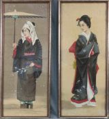 Paar Frauenportraits. Geishas. Malerei auf Seide. Wohl alt, um 1900. 82 cm x 35 cm. Pair of women