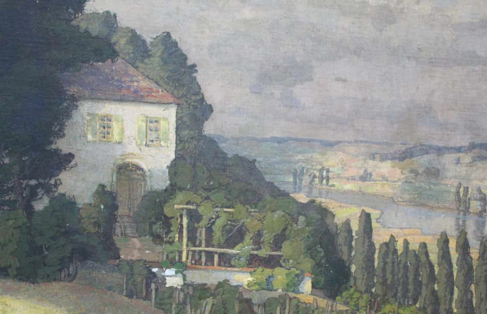Richard KAISER (1868 - 1941). Gutshof am Fluss 1936 125 cm x 190 cm. Gemälde, Öl auf Platte. Links - Image 4 of 6