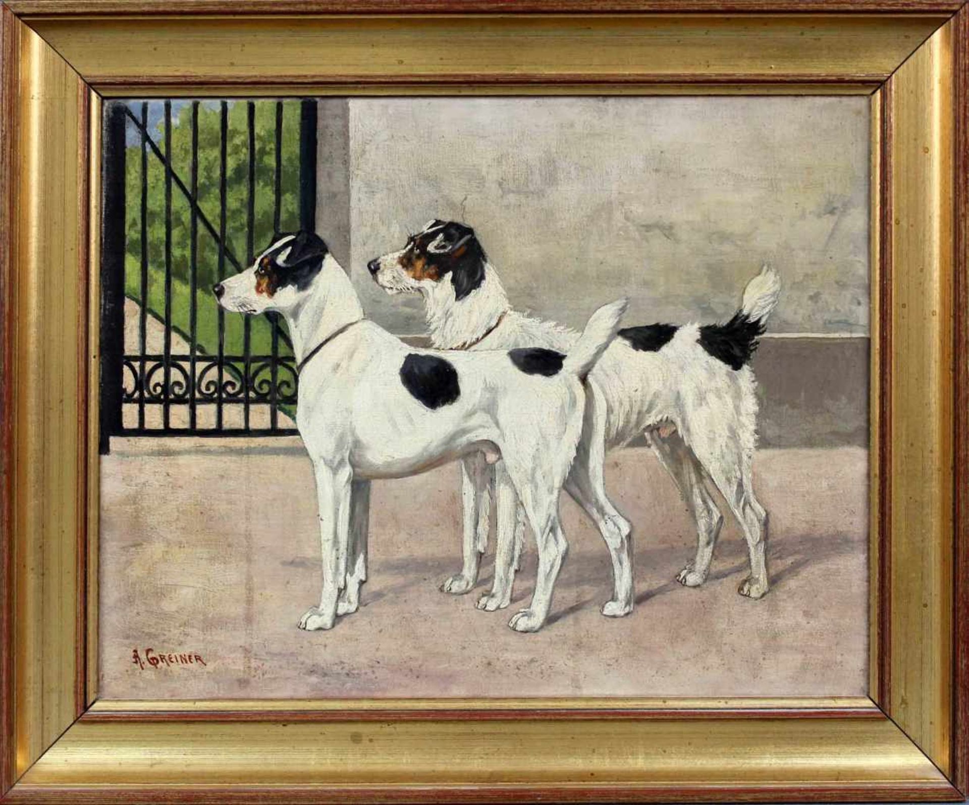 Alois GREINER (XIX - XX). Parson Terrier. 31 cm x 40 cm. Gemälde, Öl auf Leinwand. Links unten - Image 2 of 4