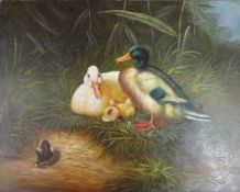 UNSIGNIERT (XX). Enteneltern mit 3 Küken. 20 cm x 25 cm. Gemälde, Öl auf Holz. UNSIGNED (XX). Duck