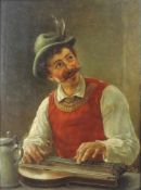 Eduard DAELEN (1848 - 1923). Bayer beim zupfen einer Zither. 44 cm x 33 cm. Gemälde, Öl auf Holz.