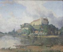 Richard KAISER (1868 - 1941). Bergfestung über einem Fluss 1929. 125 cm x 150 cm. Gemälde, Öl auf