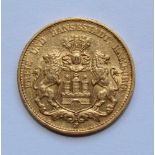 20 Mark 1887 Deutsches Kaiserreich Hamburg, 1877, J, Stadtwappen. Material: Gold. Gewicht: 7,96 g.