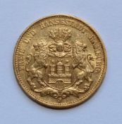 20 Mark 1887 Deutsches Kaiserreich Hamburg, 1877, J, Stadtwappen. Material: Gold. Gewicht: 7,96 g.