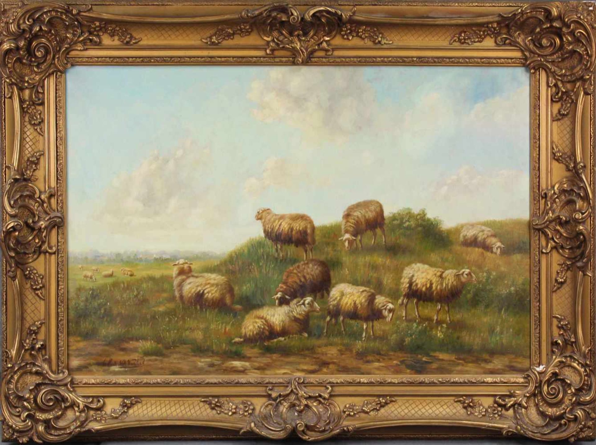 Arthur DE WAERHERT (1881 - 1944). 13 Schafe in weiter Sommerlandschaft. 60 cm x 90 cm. Gemälde. Öl - Image 2 of 7