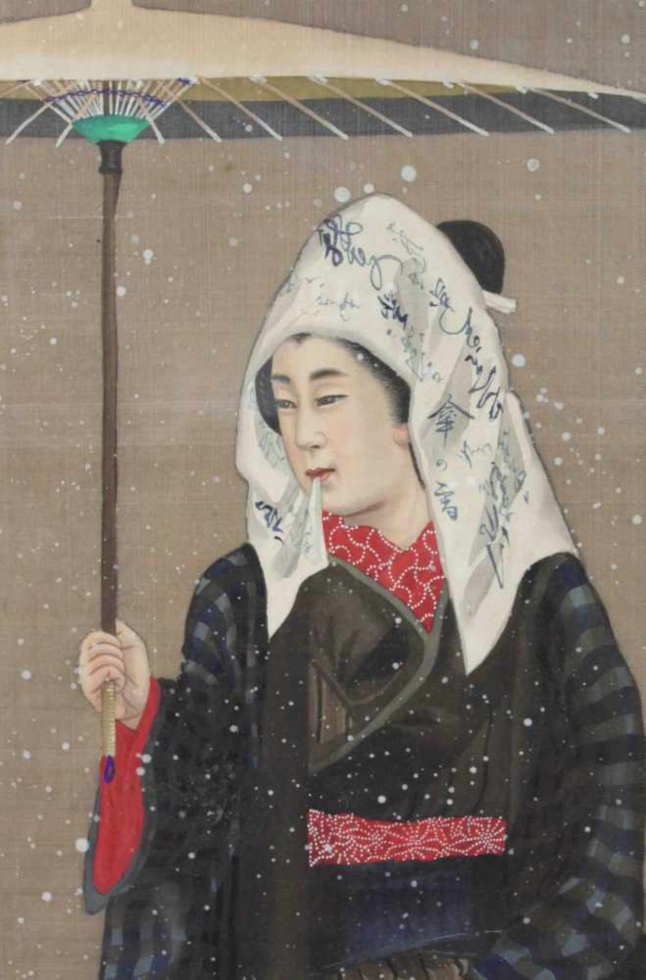 Paar Frauenportraits. Geishas. Malerei auf Seide. Wohl alt, um 1900. 82 cm x 35 cm. Pair of women - Bild 4 aus 8