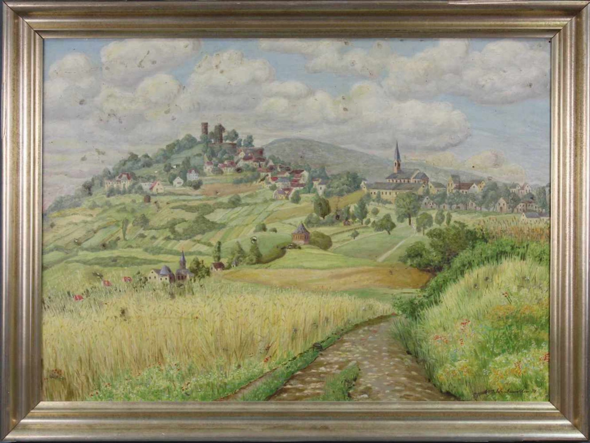 UNDEUTLICH SIGNIERT (XIX - XX). Burgruine und Kloster. 67 cm x 92 cm. Öl auf Holz. Rechts unten - Bild 2 aus 6