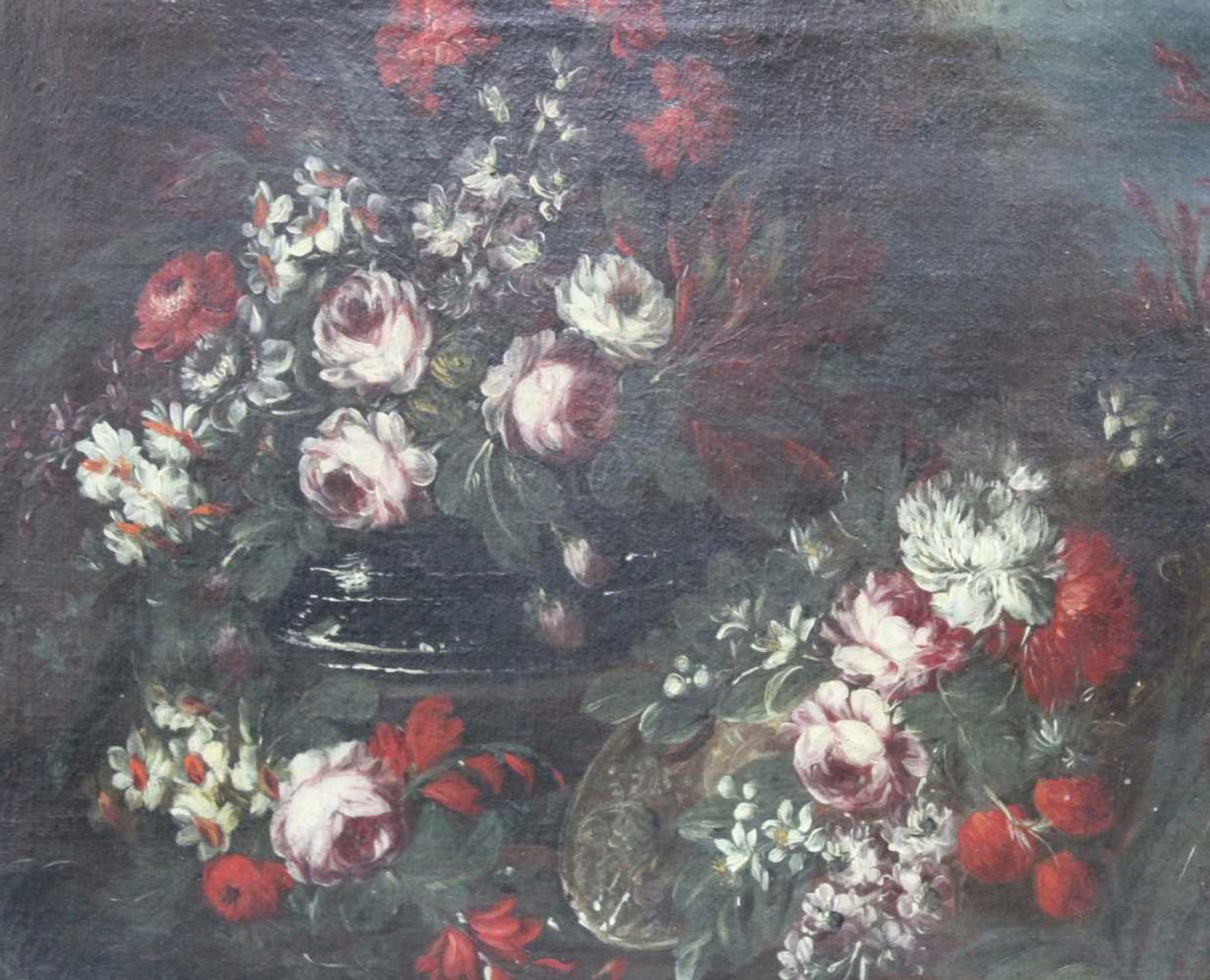 UNSIGNIERT (XVIII). Blumenstillleben. Ende 18. Jahrhundert. 53 cm x 73 cm. Gemälde, Öl auf Leinwand. - Bild 3 aus 5