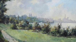 Winand Maria THERHAAG (1900 - 1958). Rhein, wohl Speyer. 36 cm x 61 cm. Gemälde. Öl auf Platte.