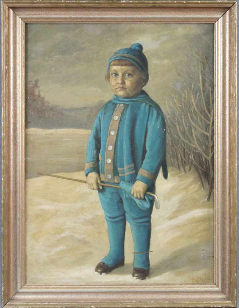 H. DREWS (XIX). Kleiner Golfer im Winter. 73 cm x 53 cm. Gemälde, Öl auf Leinwand. Rechts unten - Image 2 of 6