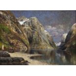 Johann HOLMSTEDT (1851 - 1929). Fjord in Norwegen. 74 cm x 100 cm. Gemälde, Öl auf Leinwand. Links