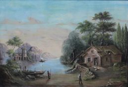 UNDEUTLICH SIGNIERT (XIX - XX). Flußidylle. 55 cm x 38 cm. Gemälde. Öl auf Leinwand. Rechts unten