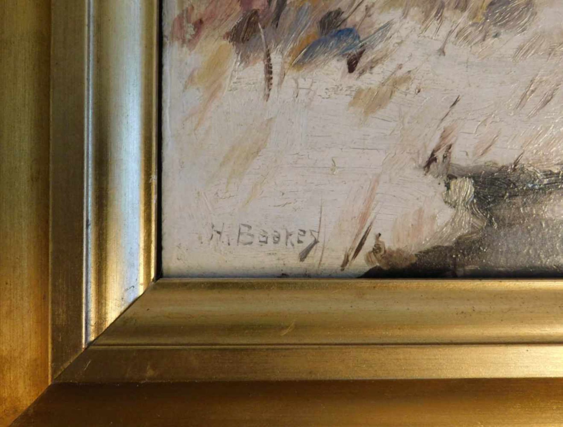 H. BAAKES (XX). Winterlicher Flusslauf. 25,5 cm x 35 cm. Gemälde, Öl auf Platte. Darmstädter - Image 3 of 4