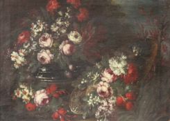 UNSIGNIERT (XVIII). Blumenstillleben. Ende 18. Jahrhundert. 53 cm x 73 cm. Gemälde, Öl auf Leinwand.