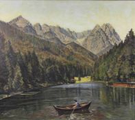 Max KERTZ (1882 - 1949). Blick über der Eibsee auf die Zugspitze bei Garmisch - Partenkirchen. 96 cm