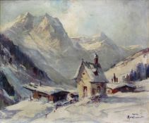 Willi HOLTMANN (1908 - 1984). Hof in den Alpen mit Kapelle. Winter. 51 cm x 60 cm. Gemälde, Öl auf