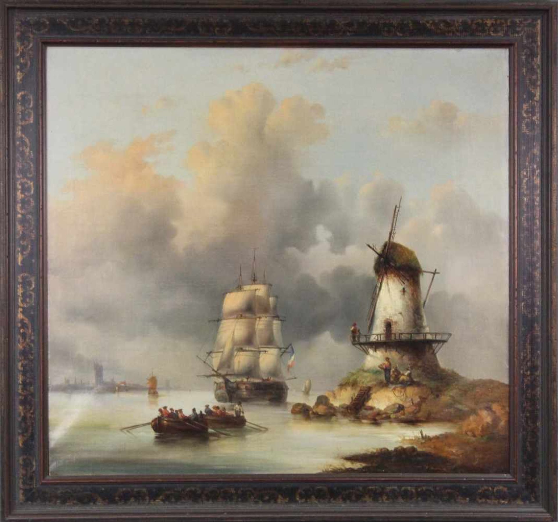 François Etienne MUSIN (1820 - 1888). Holländisch romantische Uferszene. 1846. 66 cm x 70 cm. - Bild 2 aus 7