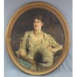 PORTRAITIST (XIX). Dame mit Fächer. Um 1880. Oval. 104 cm x 85 cm. Links undeutlich signiert.