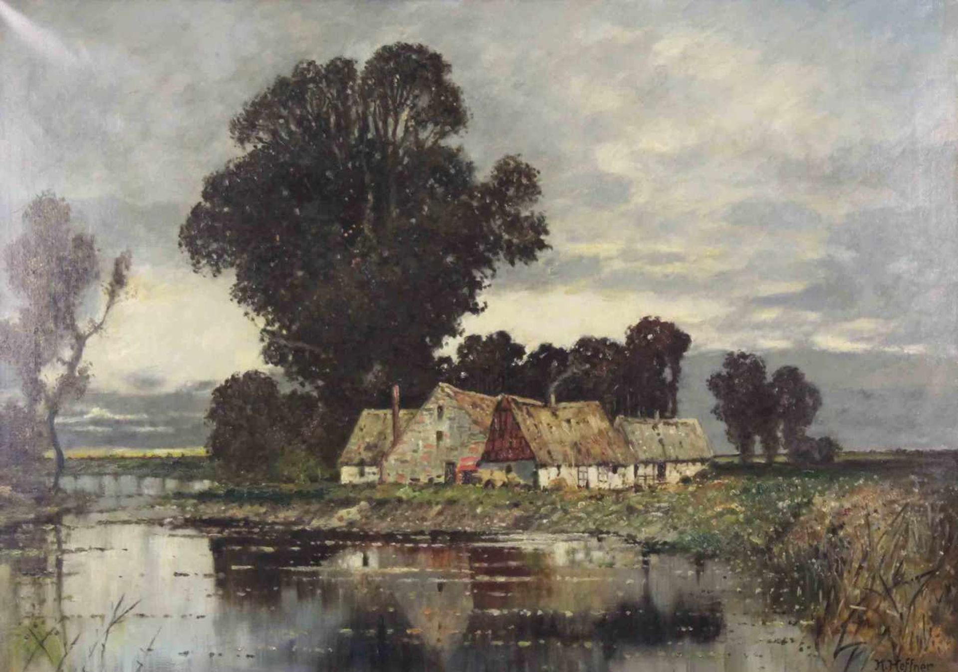 Karl HEFFNER (1849 - 1925). Flusslandschaft. 71 cm x 101 cm. Gemälde, Öl auf Leinwand. Signiert.