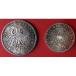 3 Mark 1909 A Lübeck. Silber. Deutsches Reich. Dazu 2 Mark 1904 A Lübeck. Silber. Deutsches Reich. 3