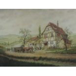 Karl LUCKHARDT (1886-1970). Wäsche vor dem Hof. Pferde. Landleute. Fuhrwerk. 78 cm x 101 cm.