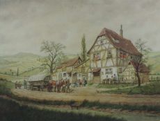 Karl LUCKHARDT (1886-1970). Wäsche vor dem Hof. Pferde. Landleute. Fuhrwerk. 78 cm x 101 cm.