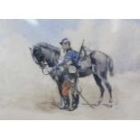 UNSIGNIERT (XIX). Französischer Offizier mit Pferd. 25 cm x 30 cm. Aquarell auf Papier. Verso