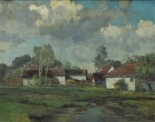 Max HARTWIG (1873 - 1939). Blick auf ein Dorf mit weißen Häusern. Wohl Bayern. 84 cm x 104 cm.