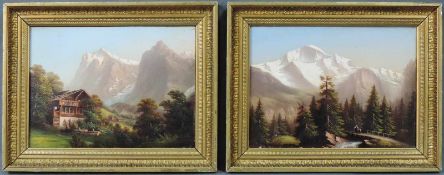 UNDEUTLICH SIGNIERT (XIX). 2 Gemälde. Schweiz. Eiger, Mönch, Jungfrau. Je circa 16,5 cm x 22,5 cm.