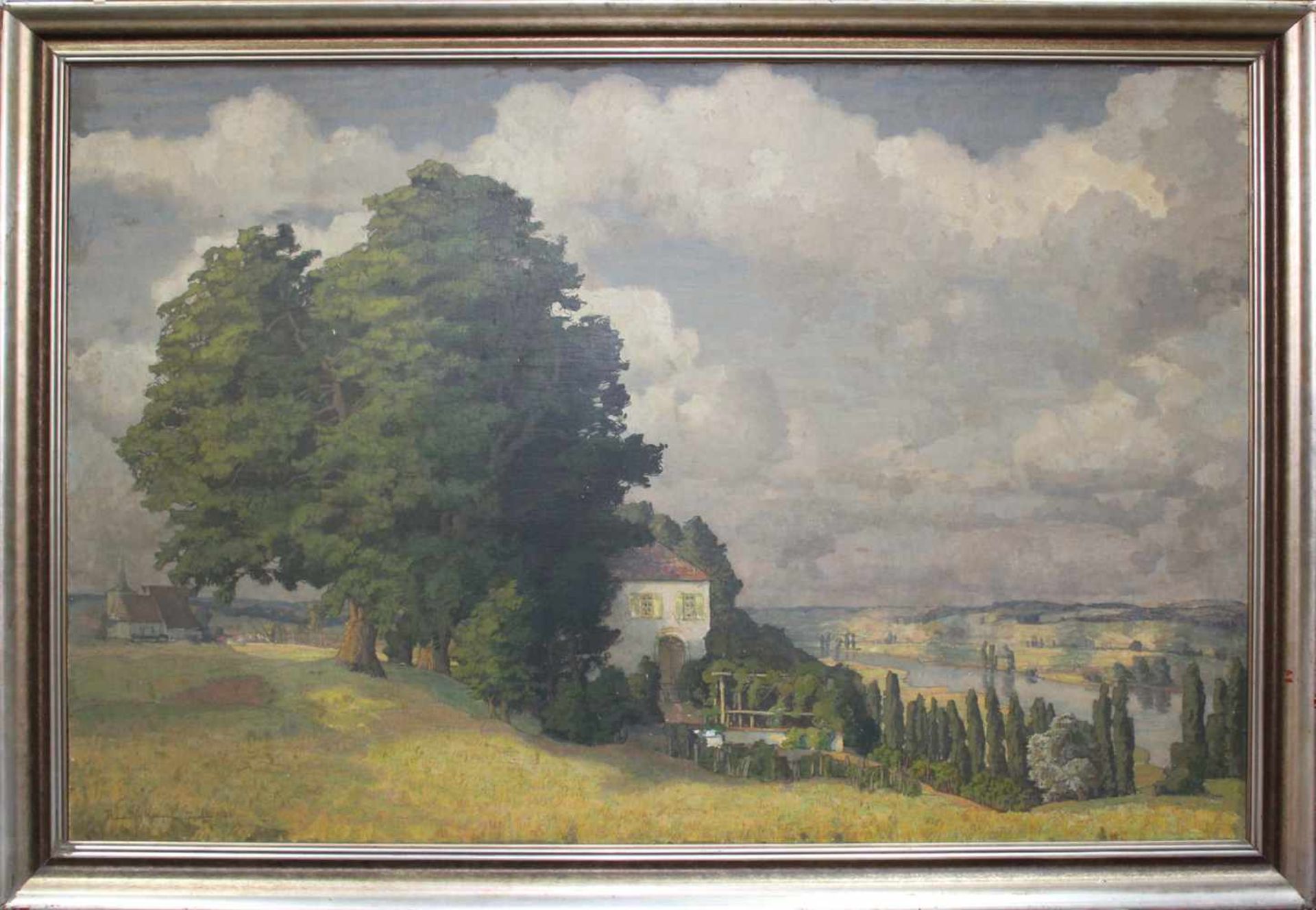 Richard KAISER (1868 - 1941). Gutshof am Fluss 1936 125 cm x 190 cm. Gemälde, Öl auf Platte. Links - Image 2 of 6