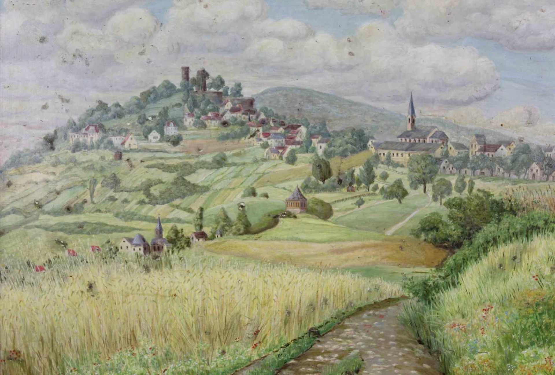 UNDEUTLICH SIGNIERT (XIX - XX). Burgruine und Kloster. 67 cm x 92 cm. Öl auf Holz. Rechts unten