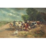 Henry SCHOUTEN (1857/64 - 1927). Viehtrieb mit Terrier. 90 cm x 135 cm. Gemälde. Öl auf Leinwand.