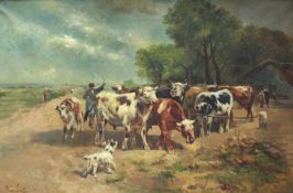 Henry SCHOUTEN (1857/64 - 1927). Viehtrieb mit Terrier. 90 cm x 135 cm. Gemälde. Öl auf Leinwand.
