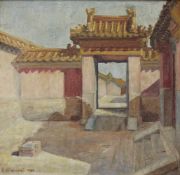 UNDEUTLICH SIGNIERT (XX). China. Palace gate. 1930. 34 cm x 35,5 cm. Gemälde, Öl auf Leinwand. Links
