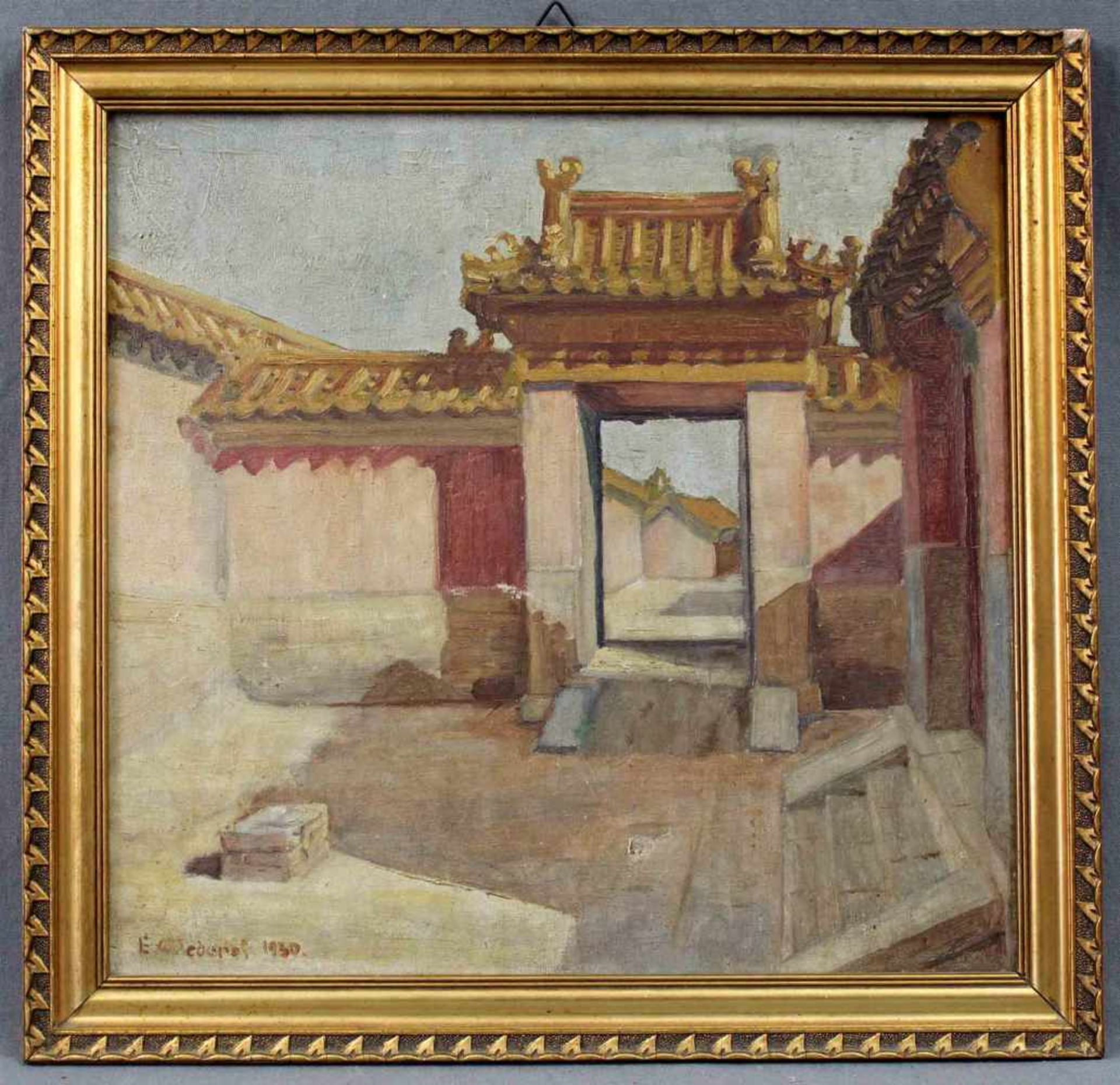 UNDEUTLICH SIGNIERT (XX). China. Palace gate. 1930. 34 cm x 35,5 cm. Gemälde, Öl auf Leinwand. Links - Bild 2 aus 6